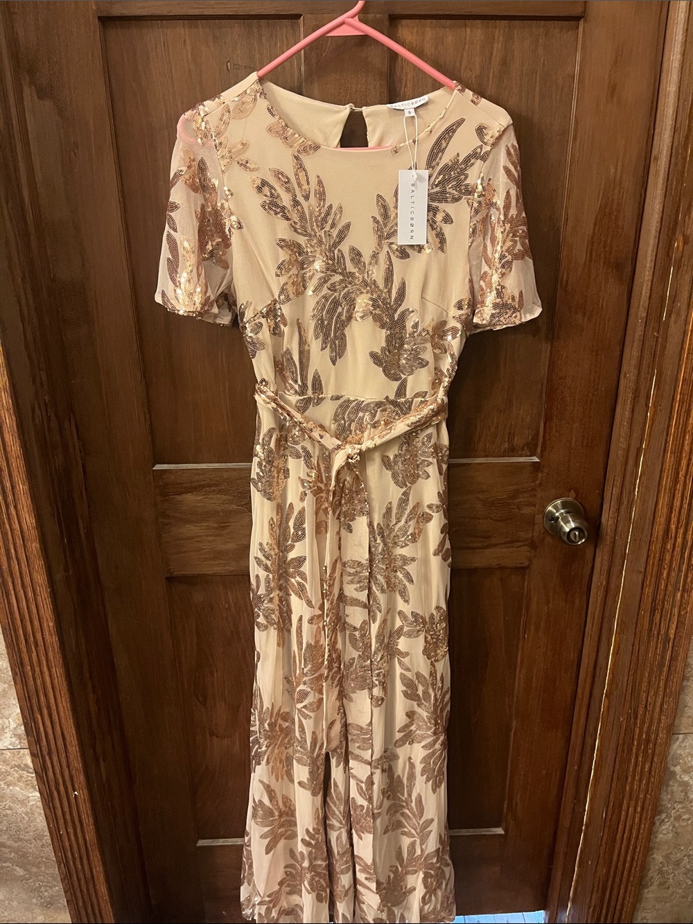 Baltic Born Cream Maxi Dress with Rose Gold Sequin Floral Appliqué: size S